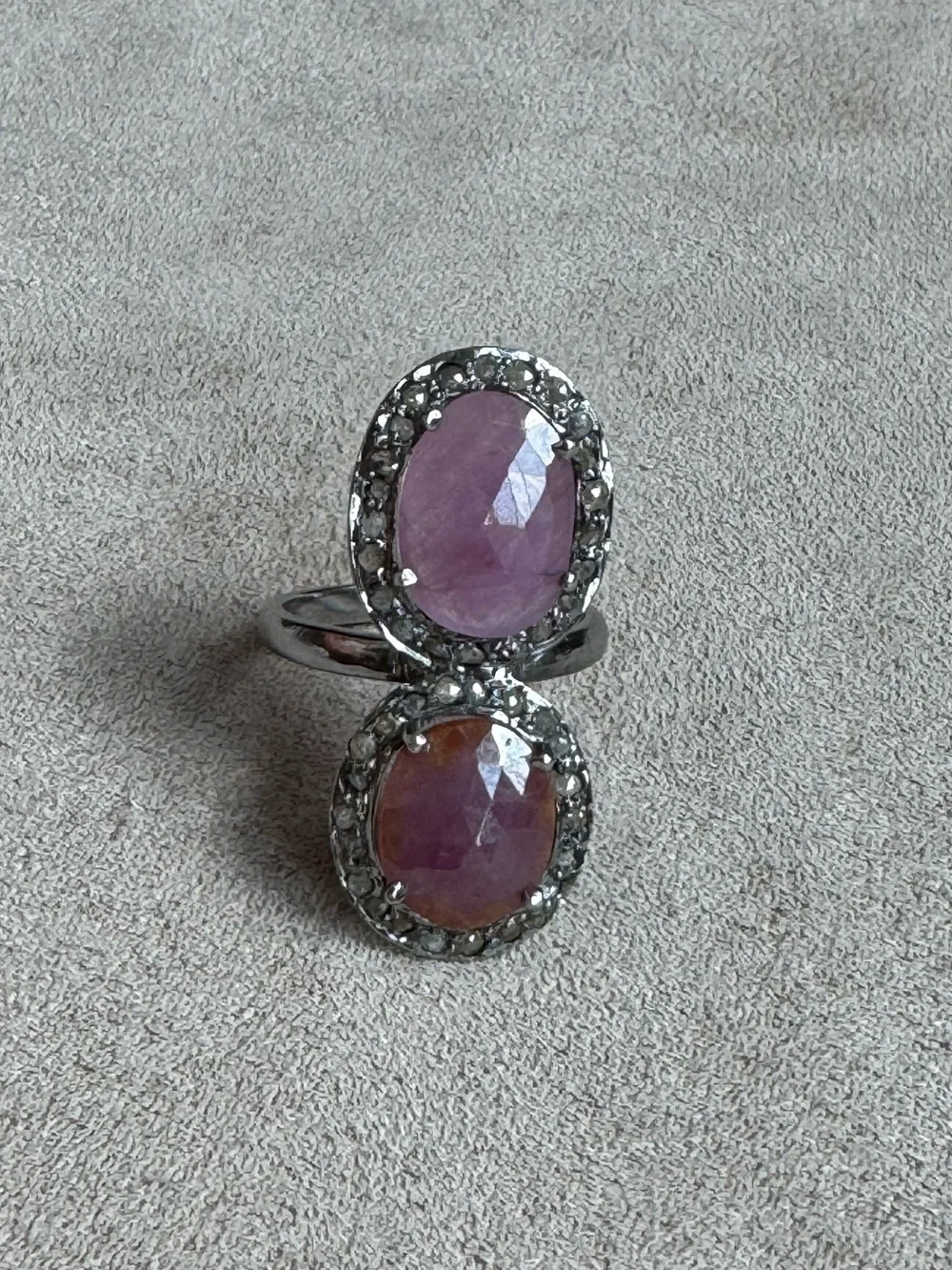 The Woods Pink Rose Quartz Double Oval Ring with Diamond Halo
